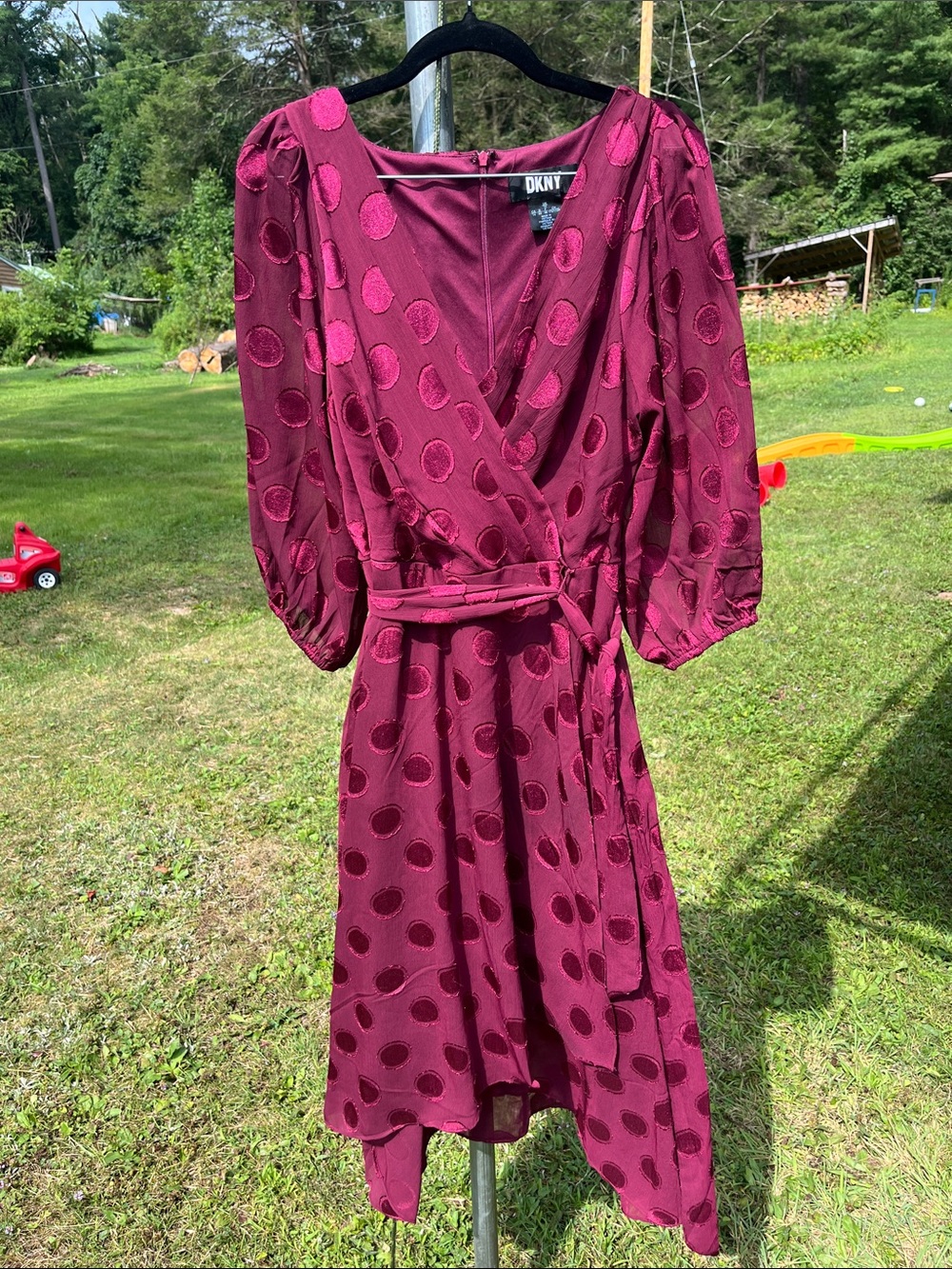 DKNY Burgundy Polka Dot Wrap Midi Dress